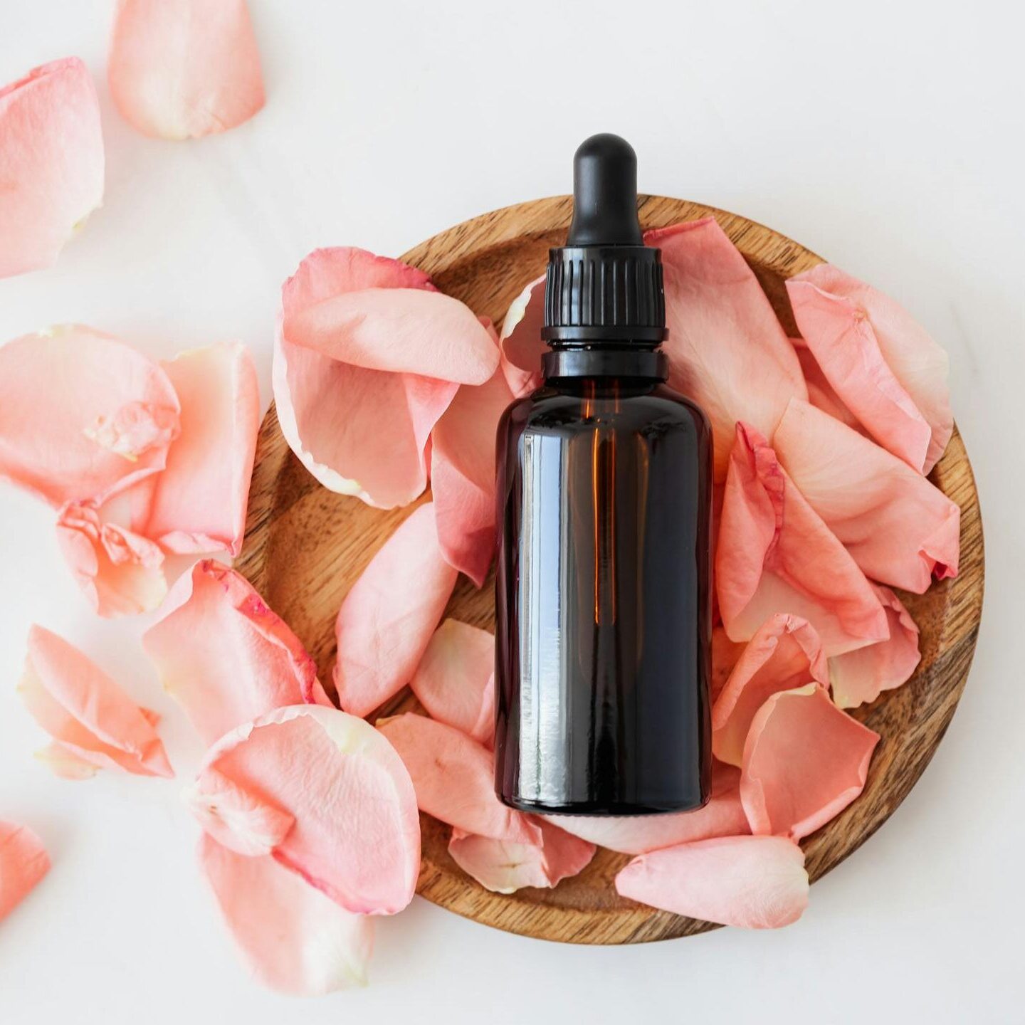 Top view of empty brown bottle for skin care product placed on wooden plate with fresh pink rose petals on white background isolated
